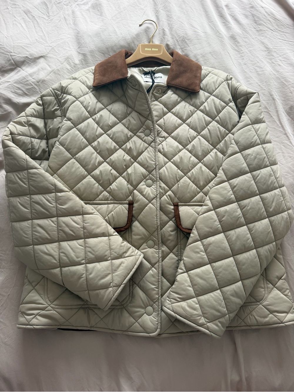 Miu Miu Quilted Women's Jacket with Leather Collar - Cream